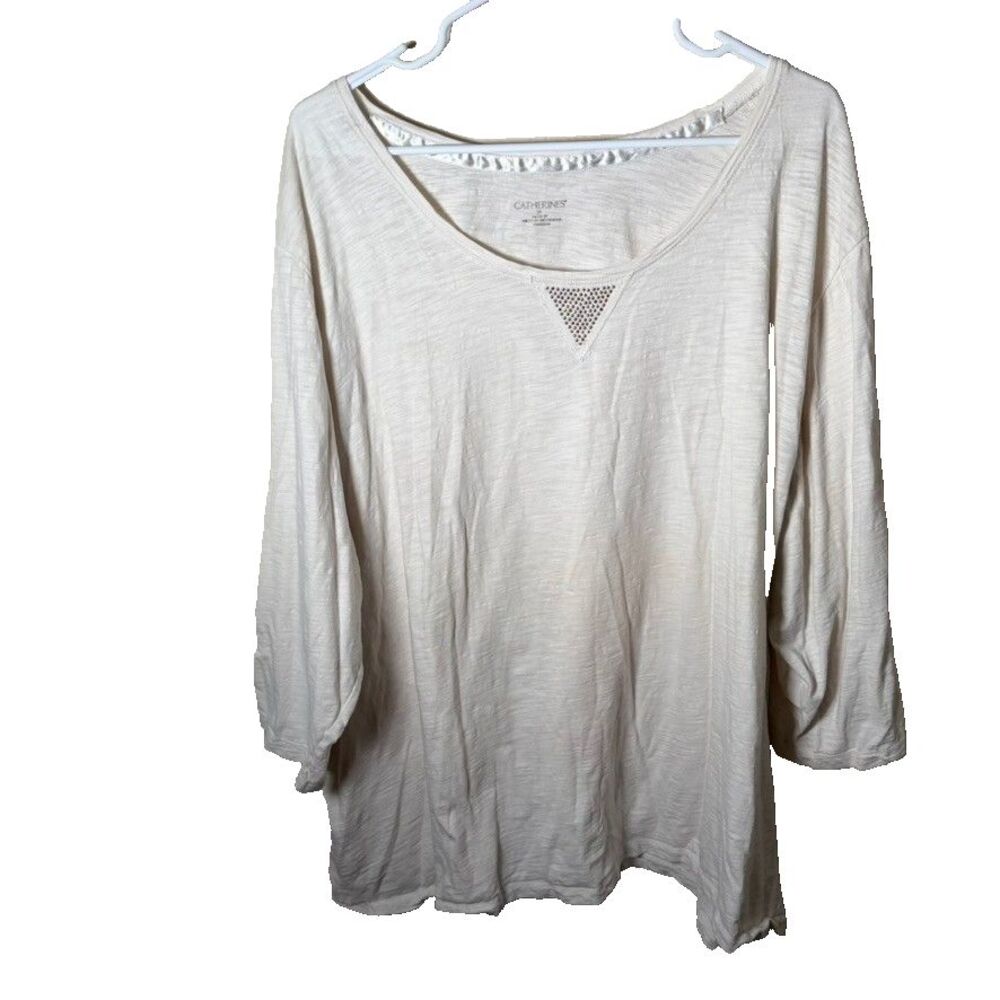 Catherines Blouse Women's 3X Ivory 3/4 Sleeve Basic Casual Top 26/28W Shirt
